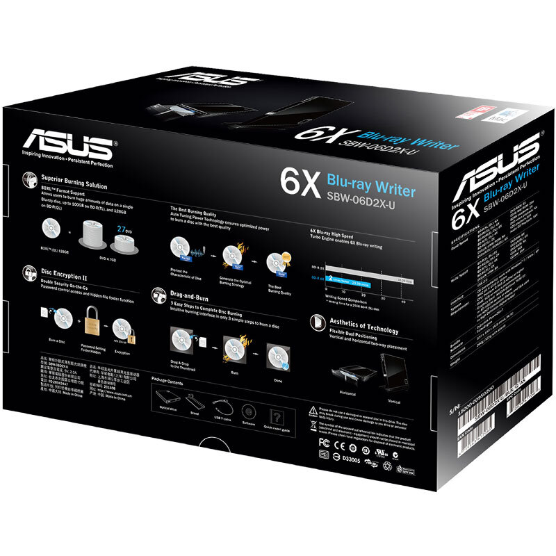 华硕(ASUS)6倍速 USB2.0 外置光驱 蓝光刻录机 黑色(兼容苹果系统/SBW-06D2X-U)