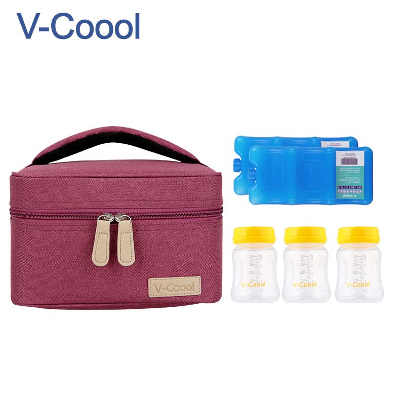 V-Coool 小号母乳保鲜包 迷你背奶包 保温保鲜4.92ML 酒红色 2个干式蓝冰 3个宽口PP储奶瓶图片