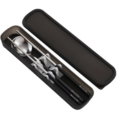 美厨 304不锈钢勺筷餐具套装 创意便携式筷子勺子三件套黑色 MCGC850