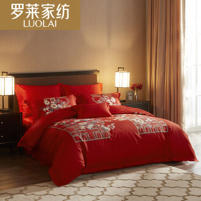 罗莱家纺床上用品红色婚庆结婚用品被套床单全棉四件套件1.5/1.8m床