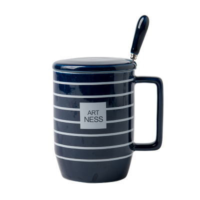亿嘉IJARL 陶瓷带盖带勺子杯子简约咖啡杯大容量创意个性情侣水杯马克杯线生活蓝色条纹A