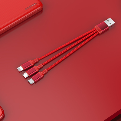机乐堂 一拖三手机编织数据线支持苹果type-c安卓充电传输 15cm短线 红色