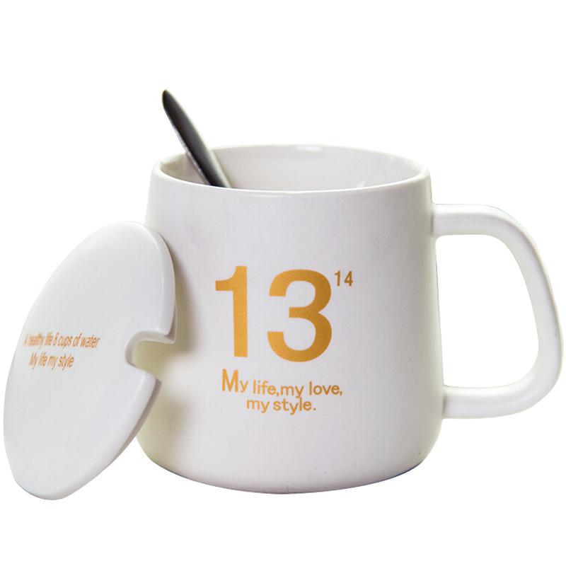 亿嘉IJARL 创意礼品陶瓷马克杯情侣咖啡杯牛奶杯带盖带勺办公杯水杯子1314白色大肚杯