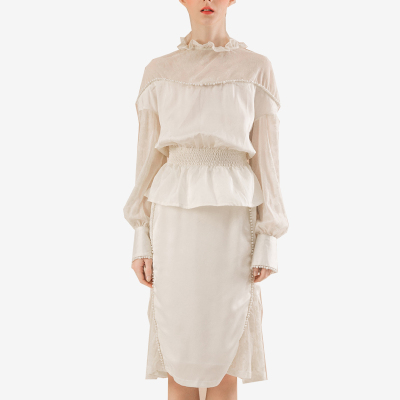 YIRII BY YI 气质款进口植绒拼接珍珠装饰半身裙 白色