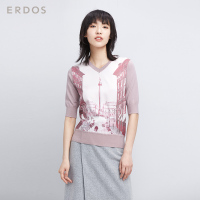 鄂尔多斯ERDOS 春夏新款V领印花半袖女式针织衫