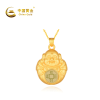 中国黄金 钱币弥勒佛银镶玉项链