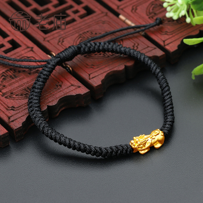 老庙黄金 硬金貔貅黑绳手链