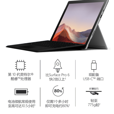 微软(Microsoft)SurfacePro7平板12.3寸I5-1035G4 8G 128G W10专业 笔皮套鼠标