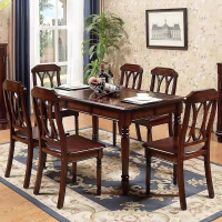 美式全实木餐桌椅组合 西式板栗色仿古做旧长方形餐桌圆形吃饭桌子