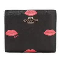 蔻驰 COACH 奢侈品 女士皮革黑色印花唇印短款钱包钱夹小巧精致520送老婆、送女友 C3324 IMA47