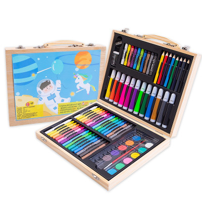 乐缔儿童绘画文具98件木盒 画画套装画笔 蜡笔 水彩笔美术画画工具 学生学习用品 绘画笔礼盒装 彩色笔