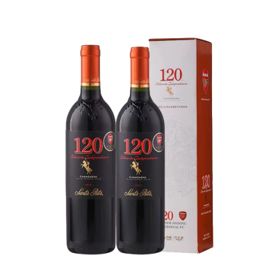 智利进口红酒 圣丽塔酒庄120黑金系列佳美娜干红葡萄酒750ml双支礼盒装(含双支礼袋)盒装