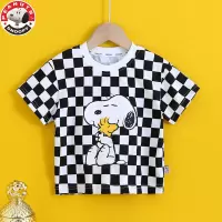 史努比(SNOOPY)童装儿童短袖T恤夏装纯棉韩版男女中小童卡通印花格子短袖AH037
