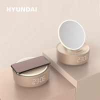 韩国现代HYUNDAI多功能无线充化妆镜蓝牙音箱闹钟音箱一灯多用可做手机支架大面积无线快充
