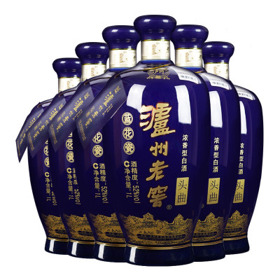 泸州老窖 蓝花瓷 头曲 大瓶大容量 浓香型白酒 52度 1L*6瓶整箱装