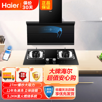 [烟灶套装]海尔(Haier)侧吸式脱排抽烟机27m³飓风大吸力天然气烟灶套装C8703U1+Q2BE51(12T)