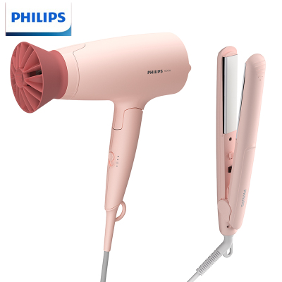 PHILIPS 飞利浦小花筒吹风机+直发卷发棒组合 大功率吹风筒恒温护发卷发器组合装 BHP398