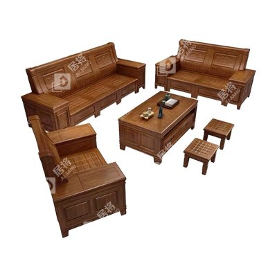 居将 JJ4022939 香樟木实木沙发组合新中式冬夏两用沙发 1+2+3+茶几+凳子组合