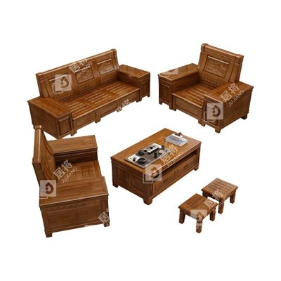 居将 JJ4022941 香樟木实木沙发组合新中式冬夏两用沙发 1+1+3+茶几+凳子组合