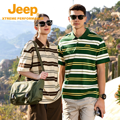Jeep吉普纯棉男士POLO衫夏季新款宽松休闲短袖亲肤透气条纹T恤女