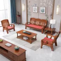 洛来宝办公沙发新中式实木接待沙发 木沙发客厅木制沙发1+1+3+长茶几(含坐垫)