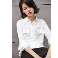 拉夏贝尔2018秋装新款时尚韩版修身翻领七分袖纯色衬衫70007170