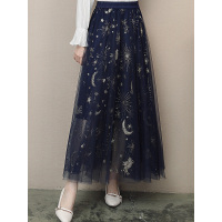 ​丝柏舍2019夏装女韩版时尚印花拼接纱网长款半身裙S81R0923B