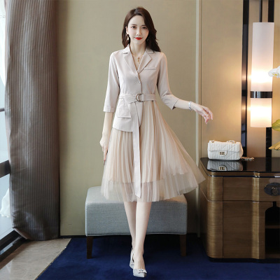 丝柏舍春装女2020小西装拼接网纱百褶连衣裙S91R0287L