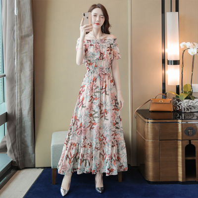 丝柏舍2020夏装女韩版印花一字领短袖高腰修身长款连衣裙(不含配件）S92R0817L