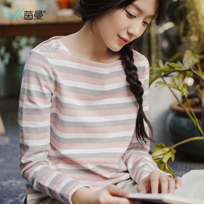 茵曼新款文艺印花一字领长袖条纹T恤女纯棉宽松打底上衣1873021053