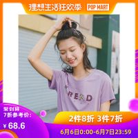 茵曼T恤女2019夏装新款全棉圆领短袖字母印花显瘦百搭紫色上衣