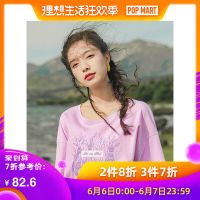 茵曼T恤女2019夏装新款圆领落肩袖宽松休闲花瓶印花全棉粉色上衣