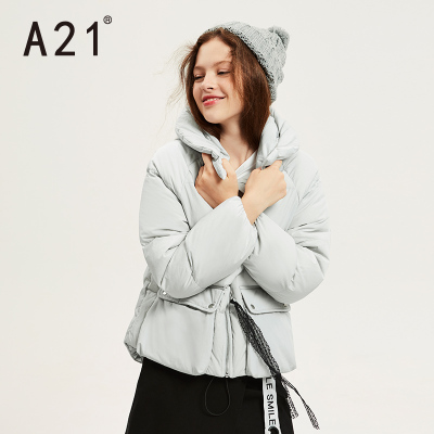A21秋冬季女装羽绒服拉链蕾丝设计青春时尚宽松纯色女外套