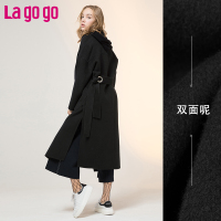 Lagogo2017冬季款女装翻领呢子外套双面呢开叉中长款毛呢大衣_2 155/S/36 黑色（W1