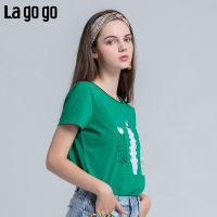 Lagogo/拉谷谷2018年夏季新款时尚学院风印花钉珠女T恤HATT314F04