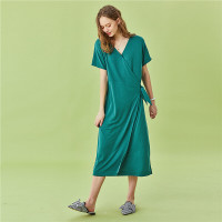 佐丹奴裙子女装新款莫代尔棉中式复古风围裹式短袖连衣裙05460497