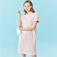 佐丹奴粉色裙女装夏季休闲裙子全棉彩色英文字短袖连衣裙05460490
