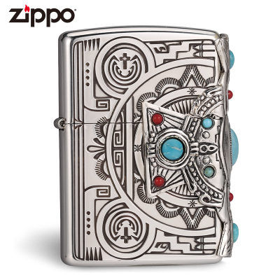 zippo芝宝正版打火机 镀银三面环绕雕刻绿松石贴章印第安神灵火机