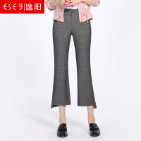 韩版复古百搭前短后长显瘦微喇格子裤子女裤英伦风春季新款