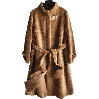 兰奥【100%羊毛】女式时尚长款单排扣系带羊剪绒大衣羊毛皮草外套