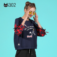 a02新款文艺少女时尚系带卡通印花格纹拼接T恤女DTT1B0341KT