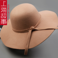 上海故事女士秋冬季毛呢帽子大檐帽黑色百搭时尚优雅英伦名媛礼帽