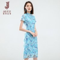 夏季气质立领显瘦中国风旗袍裙修身中长裙印花连衣裙