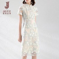 夏季时尚中国风珍珠扣立领A字裙修身短袖刺绣连衣裙