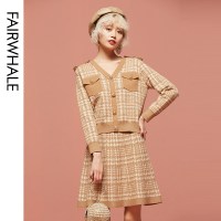马克华菲女装2019冬新款小香风针织套装针织衫半身裙英伦风