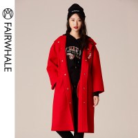 马克华菲女装2019冬新款大衣女中长款红色休闲大衣宽松外套