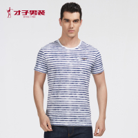 TRiES/才子男装夏季新款蓝色线条纹男士修身休闲圆领短袖T恤