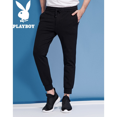 花花公子(PLAYBOY)秋冬新款青年黑色男韩版时尚长裤修身针织男休闲裤子黑色