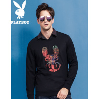 花花公子(PLAYBOY)印花T恤男时尚个性青年长袖男圆领黑色简约打底男士上衣黑色