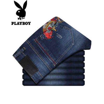 花花公子(PLAYBOY)牛仔裤男绣花磨毛时尚休闲青年长裤子修身个性直筒裤子男蓝色